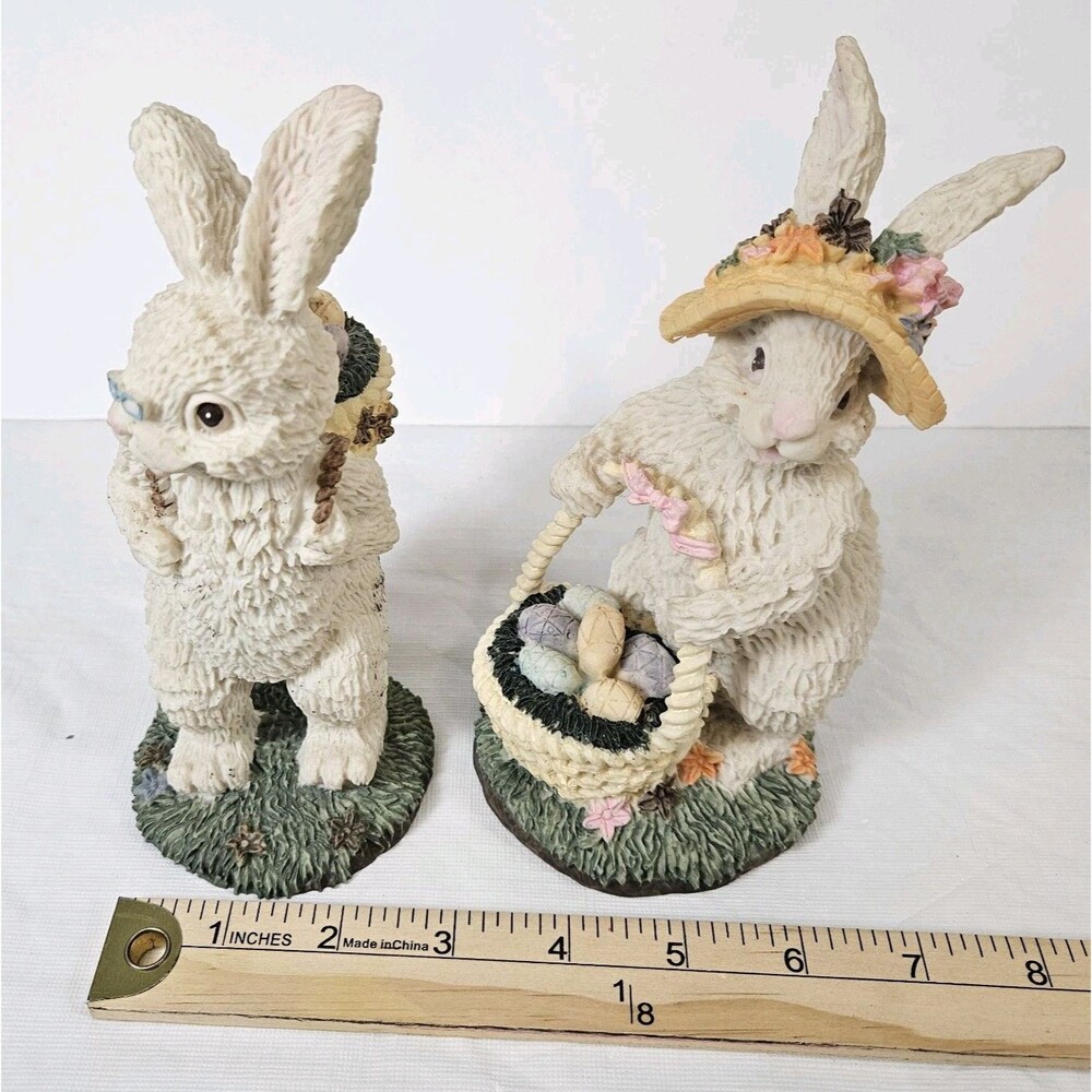 Vintage Easter Bunnies Pair Couple Collection Resin figurines Basket of Eggs - Picture 9 of 15